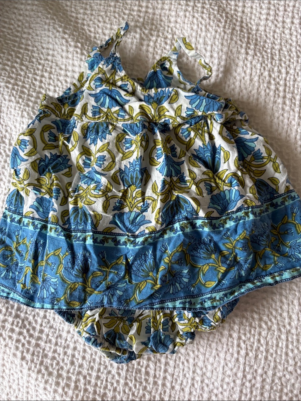 Pink Chicken Blue green white bohemian block print Floral Baby Romper